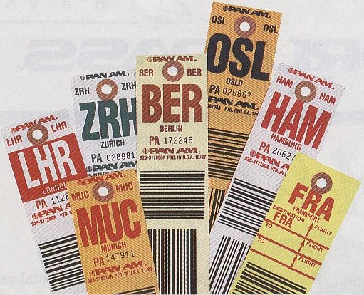 A batch of Pan Am baggage labels from the 1985-90 era.  The city names can be seen below the three letter code.